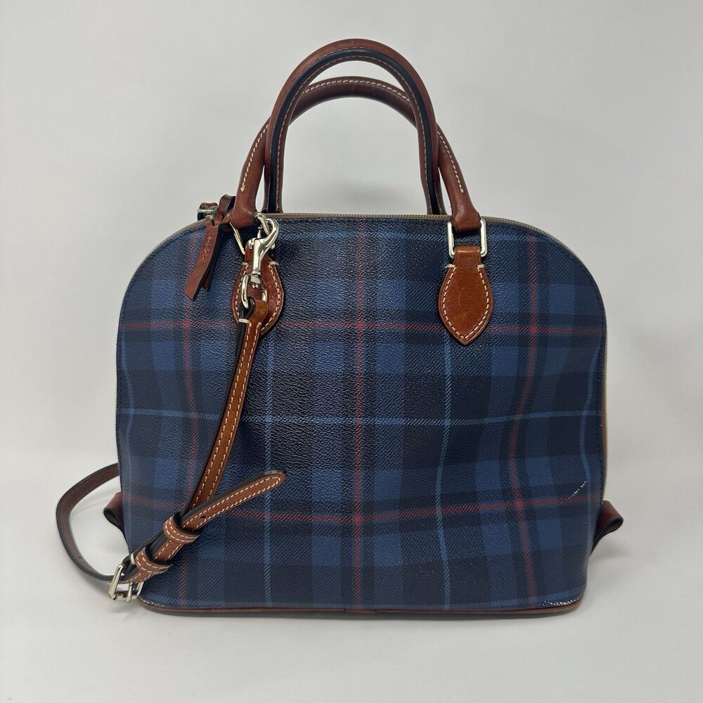 Dooney & Bourke Tiverton Plaid Zip Zip Satchel Navy Blue Shoulder Strap READ - Picture 2 of 16